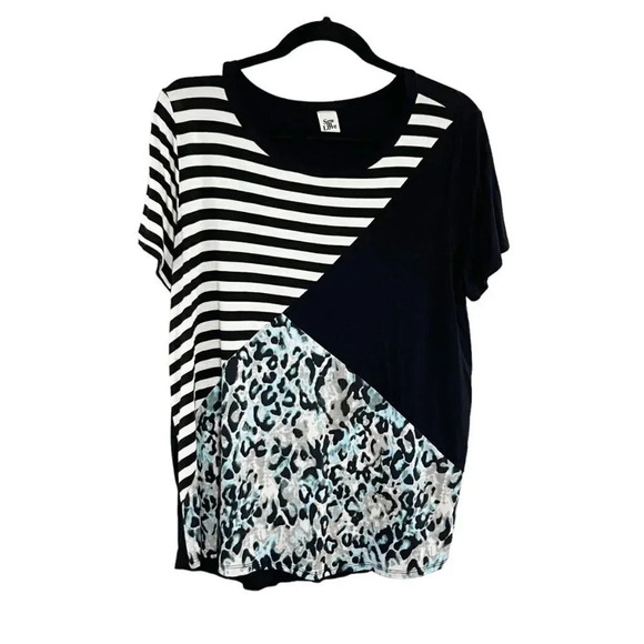 Sew In Love Black Pattern Mixing Stripes & Animal Print Tee Shirt Women's Large - Picture 1 of 6